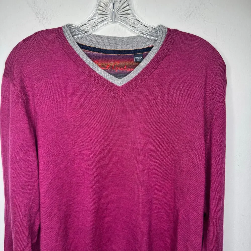 Robert Graham 100% Wool V-Neck‎ Sweater 2XL Purple Gray Trim Long Sleeve Knit